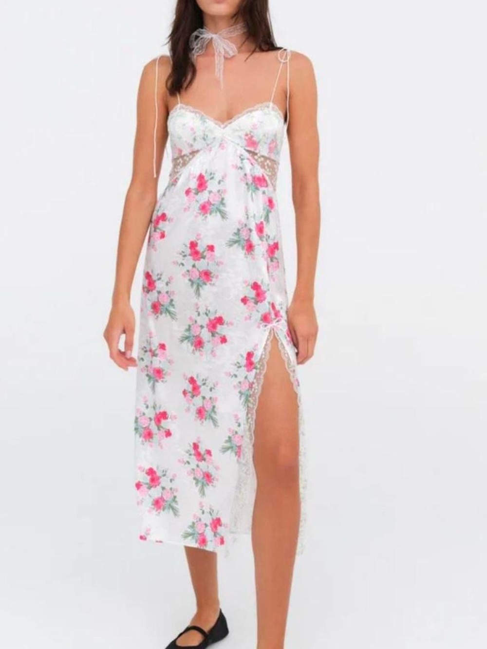 For Love And Lemons White Slip Dress with Pink Floral Print